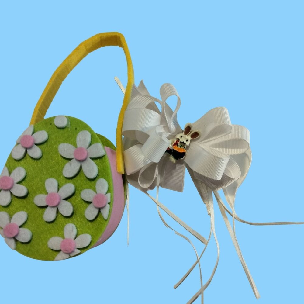Easter Bunny Hair Ribbon White Girls Bow Barrette Daisy Egg Basket Gift Bag